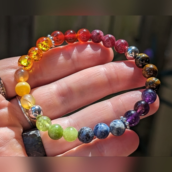 Curious Beader Jewelry - Vibrant Rainbow gemstone beaded stretch stackable bracelet 19" 7.5"